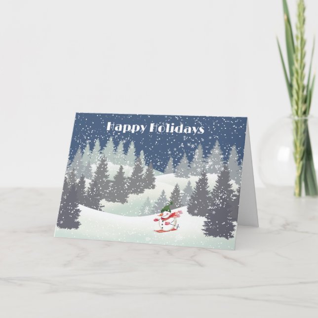 Tarjeta Festiva Esquí de Snowmwan y minas de invierno (Anverso)