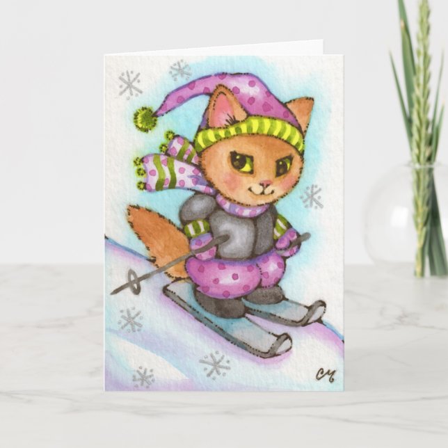 Tarjeta Festiva Esquí del gatito - gato lindo del invierno (Anverso)