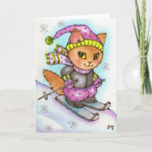 Tarjeta Festiva Esquí del gatito - gato lindo del invierno
