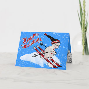 Tarjeta Festiva Esquiador de Snowman retro lindo - Felices vacacio