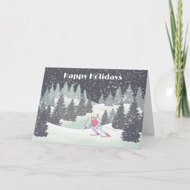 Tarjeta Festiva Esquiadores navidades y minas de invierno (Anverso)