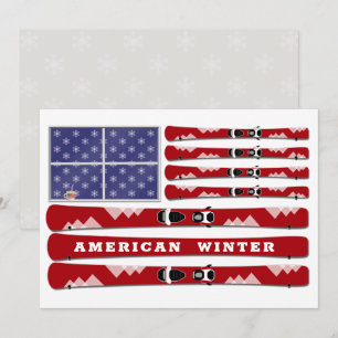 Tarjeta Festiva Esquíes y copos de nieve Bandera de Estados Unidos