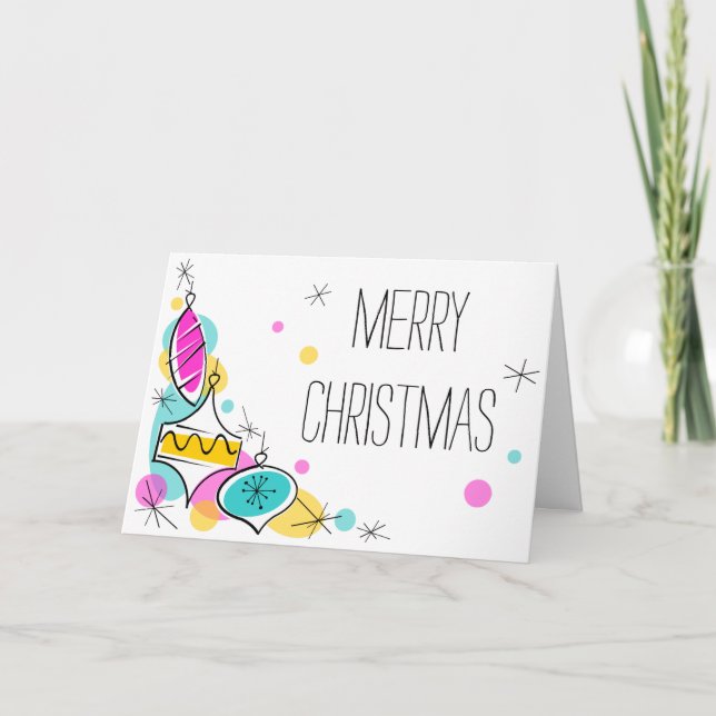 Tarjeta Festiva Esquina de baubles de árbol retro Navidades dentro (Anverso)