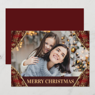 Tarjeta Festiva Esquinas con brillo rojo y dorado Foto familiar Na