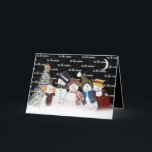 Tarjeta Festiva Esta es la temporada de los hombres de nieve en lo<br><div class="desc">Hombres de nieve con copos de nieve con el texto "esta es la temporada" sobre negro con copos de nieve,  luna creciente y un pino blanco. Se puede cambiar el color de fondo. Se puede cambiar el texto.</div>