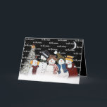 Tarjeta Festiva Esta es la temporada de los hombres de nieve en lo<br><div class="desc">Hombres de nieve con copos de nieve con el texto "esta es la temporada" sobre negro con copos de nieve,  luna creciente y un pino blanco. Se puede cambiar el color de fondo. Se puede cambiar el texto.</div>