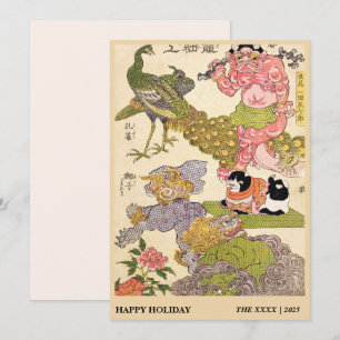 Tarjeta Festiva Estampado de gato pavo real Oni y peonía Chinoiser