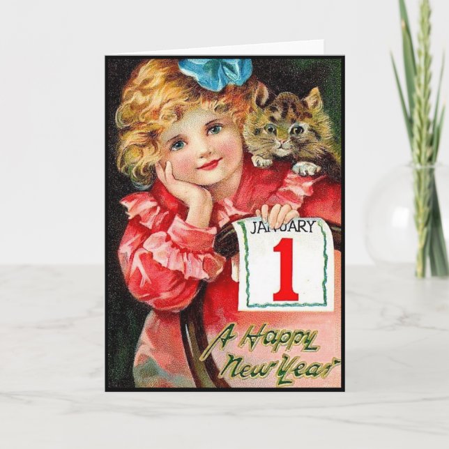Tarjeta Festiva Estampilla de Año Nuevo con Chica y gato jóvenes (Anverso)