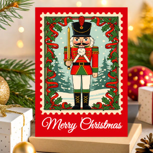 Tarjeta Festiva Estampilla de rehenes de Navidades de petaca retro