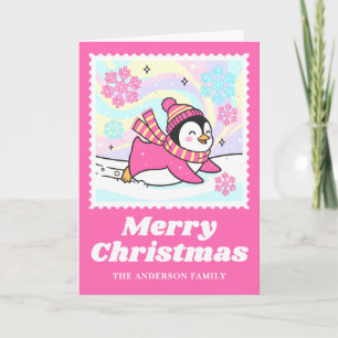 Tarjeta Festiva Estampilla de rehenes de Navidades de pingüino ros