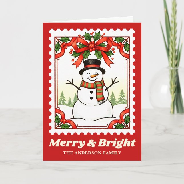Tarjeta Festiva Estampilla de rehenes de Navidades de Snowman con  (Anverso)