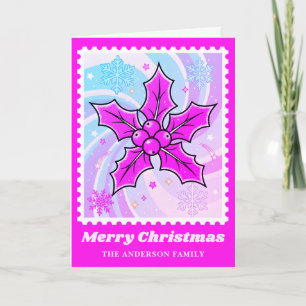 Tarjeta Festiva Estampilla de rehenes de Navidades Neon Pink Holly