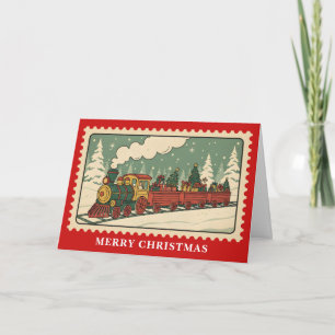 Tarjeta Festiva Estampilla de retro de Navidades de tren de vacaci