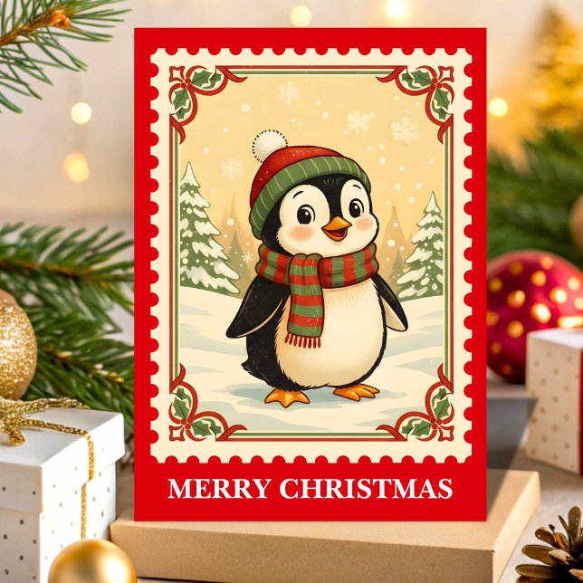 Tarjeta Festiva Estampilla de retro de Navidades pingüinos (Subido por el creador)