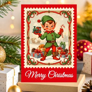 Tarjeta Festiva Estampilla de retro Elf Navidades