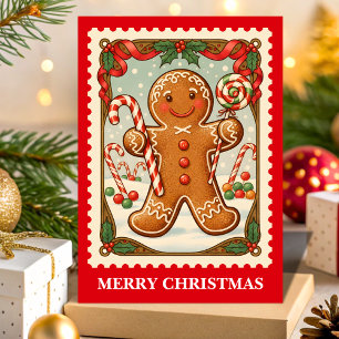 Tarjeta Festiva Estampilla de retro Gingerbread Man Navidades