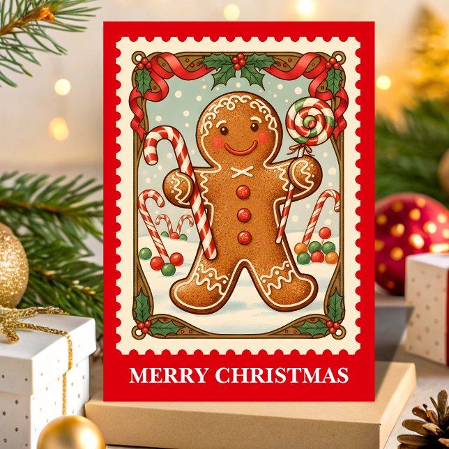 Tarjeta Festiva Estampilla de retro Gingerbread Man Navidades (Subido por el creador)