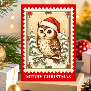 Tarjeta Festiva Estampilla de retro Navidades Owl Postage
