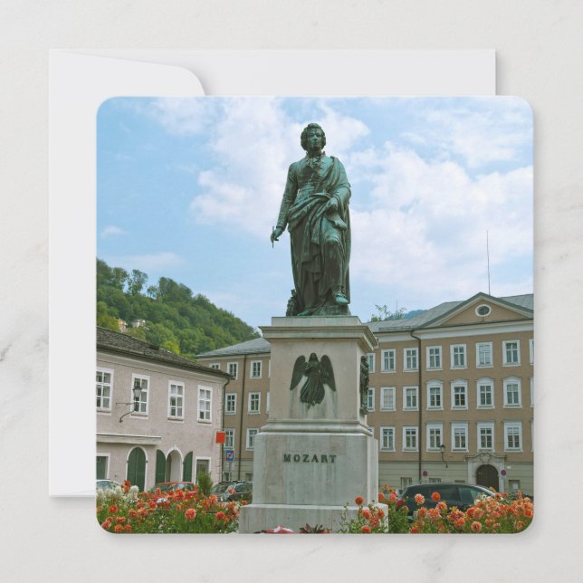 Tarjeta Festiva Estatua de Mozart en Salzburgo (Anverso)