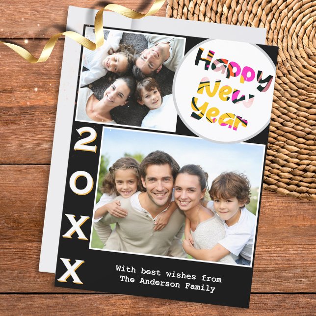 Tarjeta Festiva Estilo 2 Fotos Personalizado Feliz Año Nuevo (A stylish card with 'Happy New Year' greeting, to personalize with 2 photos, year number and name(s))