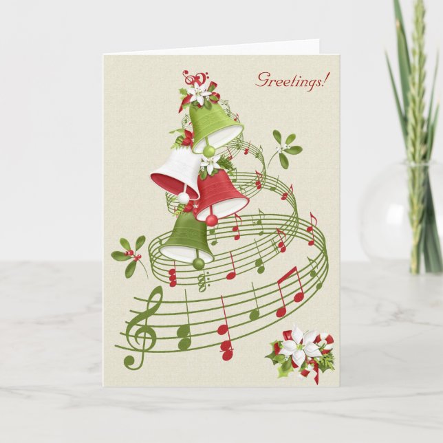 Tarjeta Festiva Estilo vintage Bellas musicales Poinsettias Holly (Anverso)