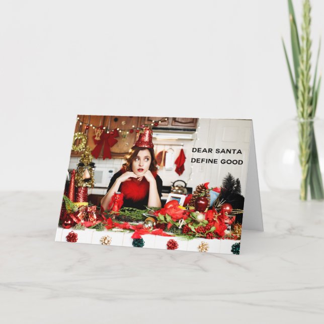 Tarjeta Festiva "Estimado Santa, define bueno " (Anverso)