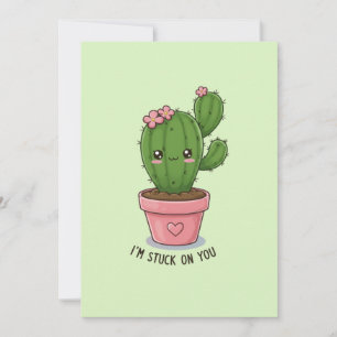 Tarjeta Festiva Estoy Pegado a Ti: Cactus Lindo Día de San Valentí