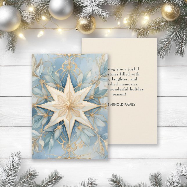 Tarjeta Festiva Estrella azul de Navidades de oro de época (Elegant gold star on soft dusty blue Christmas greeting card)