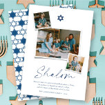 Tarjeta Festiva Estrella Azul Shalom De David 3 Foto Simple Hanukk<br><div class="desc">Esta moderna y minimalista tarjeta Hanukkah muestra el saludo "Shalom" en un moderno guión de escritura a mano. Un símbolo azul marino oscuro de la estrella de David se sienta en la parte superior central con un diseño de collage de fotos instantáneo de 3. En la parte inferior de la...</div>