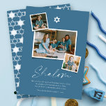 Tarjeta Festiva Estrella Blanca Shalom De David 3 Foto Simple Hanu<br><div class="desc">Esta moderna y minimalista tarjeta Hanukkah muestra el saludo "Shalom" en un moderno guión de escritura a mano. Un símbolo de la estrella blanca de David se sienta en la parte central con 3 imágenes de collage. En la parte inferior de la tarjeta encontrarás un pequeño deseo de vacaciones y...</div>