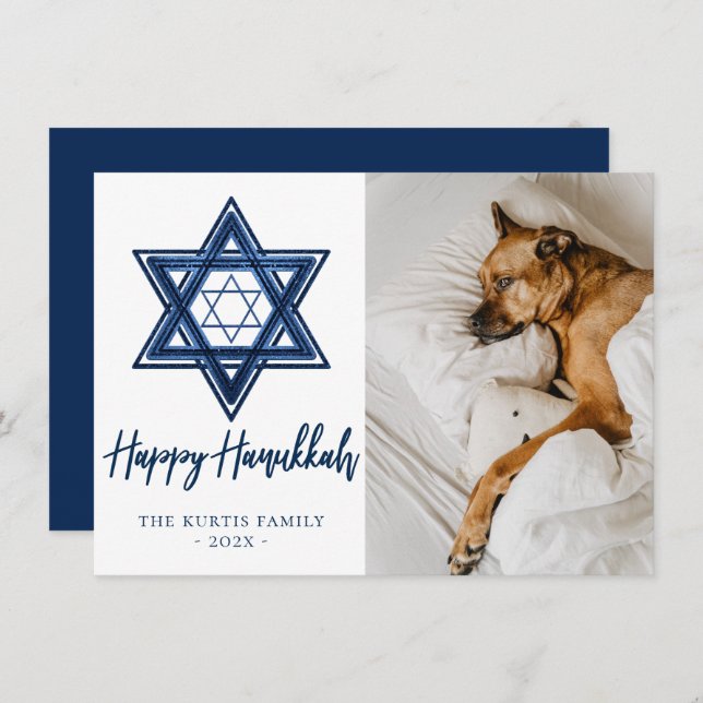 Tarjeta Festiva Estrella De David | Classic Blue Modern Hanukkah P (Anverso / Reverso)