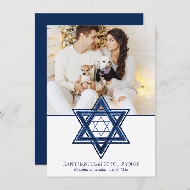 Tarjeta Festiva Estrella De David | Classic Blue Modern Hanukkah P (Anverso / Reverso)