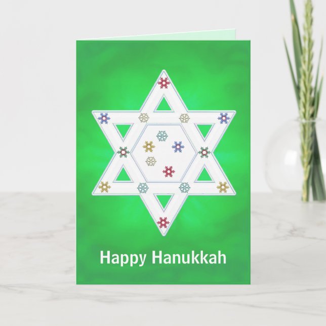 Tarjeta Festiva Estrella de Hanukkah y verde copos de nieve (Anverso)