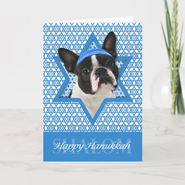 Tarjeta Festiva Estrella de Jánuca de David - Boston Terrier (Anverso)