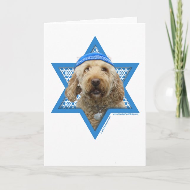 Tarjeta Festiva Estrella de Jánuca de David - GoldenDoodle (Anverso)