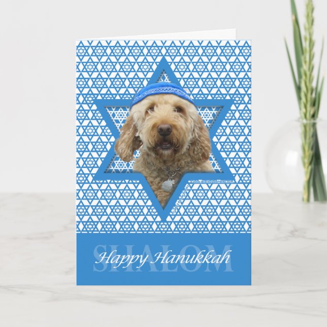 Tarjeta Festiva Estrella de Jánuca de David - GoldenDoodle (Anverso)