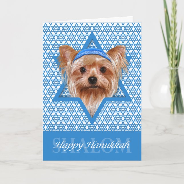 Tarjeta Festiva Estrella de Jánuca de David - Yorkshire Terrier (Anverso)