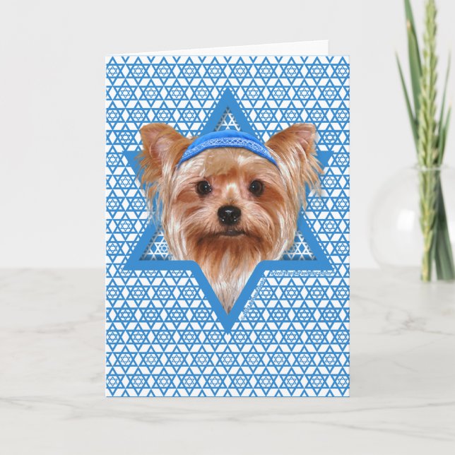 Tarjeta Festiva Estrella de Jánuca de David - Yorkshire Terrier (Anverso)