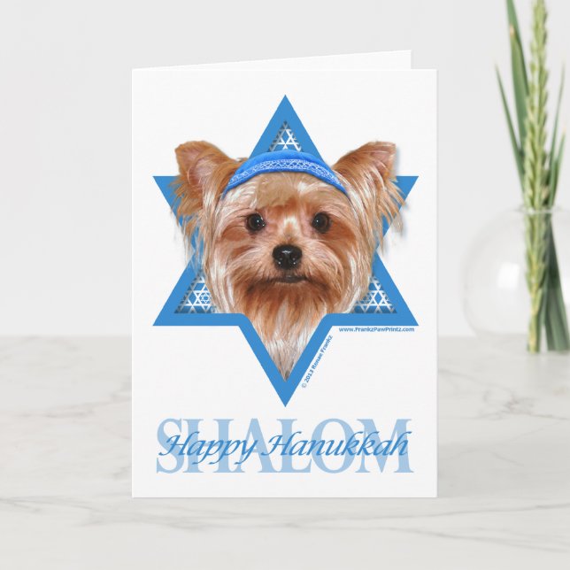 Tarjeta Festiva Estrella de Jánuca de David - Yorkshire Terrier (Anverso)