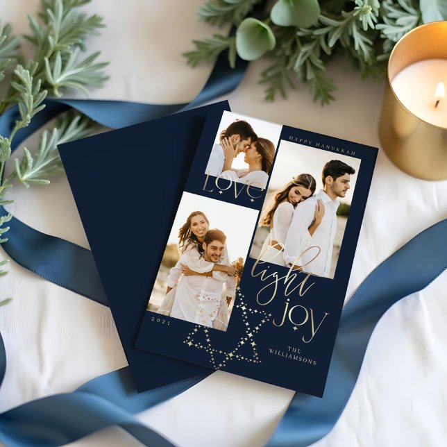 Tarjeta Festiva Estrella de la alegría de la luz del amor David Ha (Love Light Joy Star David Hanukkah Photo Collage Holiday Card)