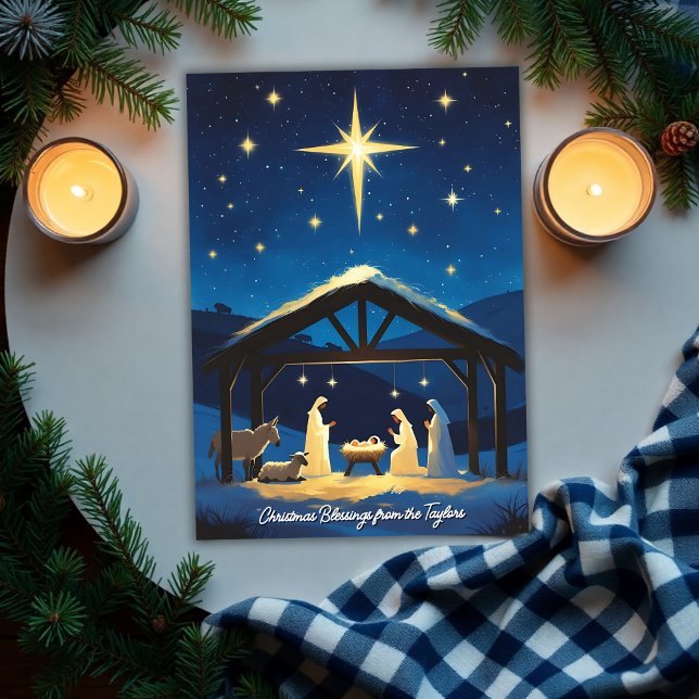 Tarjeta Festiva Estrella de la Biblia de Belén Navidades de Nativi (Personalized Nativity Christmas Card with Star of Bethlehem | Luke 2:13-14 Bible Verse)