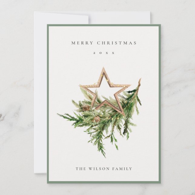 Tarjeta Festiva Estrella de la madera Rama de Pino Ornament Feliz  (Anverso)