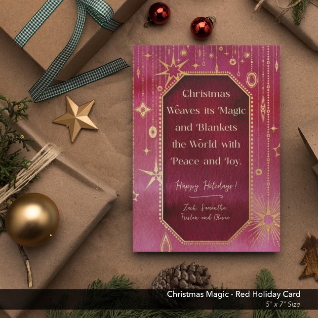 Tarjeta Festiva Estrella de Navidades festivos: foto roja y dorada (Christmas Magic Red Gold Stars Holiday Card)
