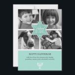 Tarjeta Festiva Estrella decorativa de la tipografía de David<br><div class="desc">Una estrella de David aguamarina-coloreada grande es el pedazo focal de esta tarjeta de felicitación plana. Las impresiones de la estrella en el centro de cuatro de una rejilla de su propio color o fotografías blancos y negros. Las palabras "que el festival de luces" imprime dentro de la estrella con...</div>