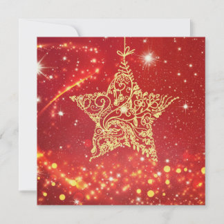 Tarjeta Festiva Estrella Dorada Elegante sobre Rojo con Remolinos