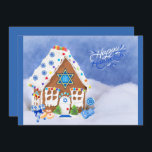 Tarjeta Festiva Estrella Hanukkah moderna de la casa David Gingerb<br><div class="desc">Celebre las vacaciones judías con esta hermosa y única tarjeta de saludo. Qué hermosa carta para bendecir a tus amigos y familia durante el Festival de las Luces. Este moderno diseño cuenta con una casa de jengibre con la estrella de David, dreidel, donuts de gelatina y varios caramelos en los...</div>