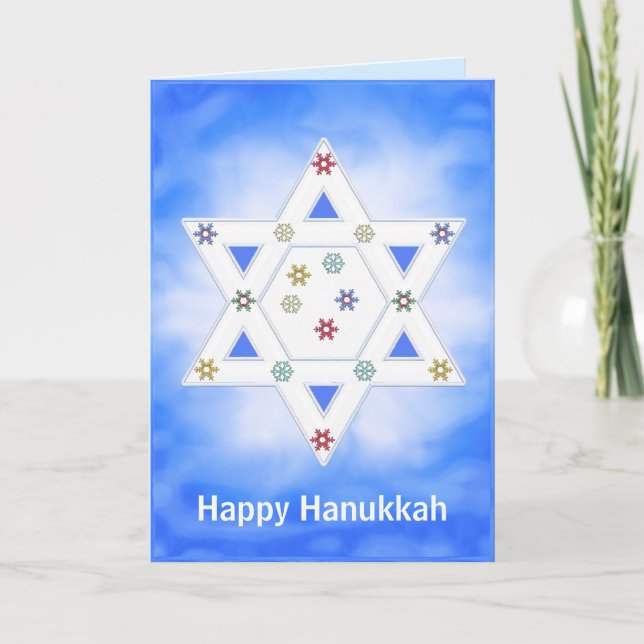 Tarjeta Festiva Estrella Hanukkah y copos de nieve azul (Anverso)