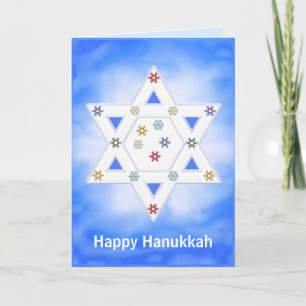 Tarjeta Festiva Estrella Hanukkah y copos de nieve azul