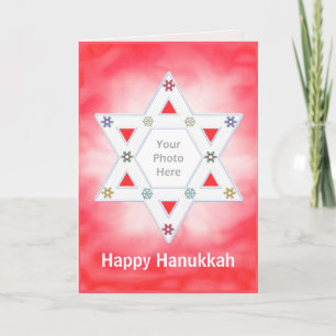 Tarjeta Festiva Estrella Hanukkah y copos de nieve rojos para foto