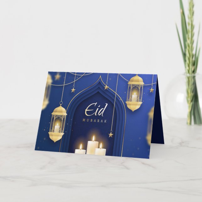 Tarjeta Festiva Estrella islámica de farol Eid Mubarak Candle Blue (Anverso)